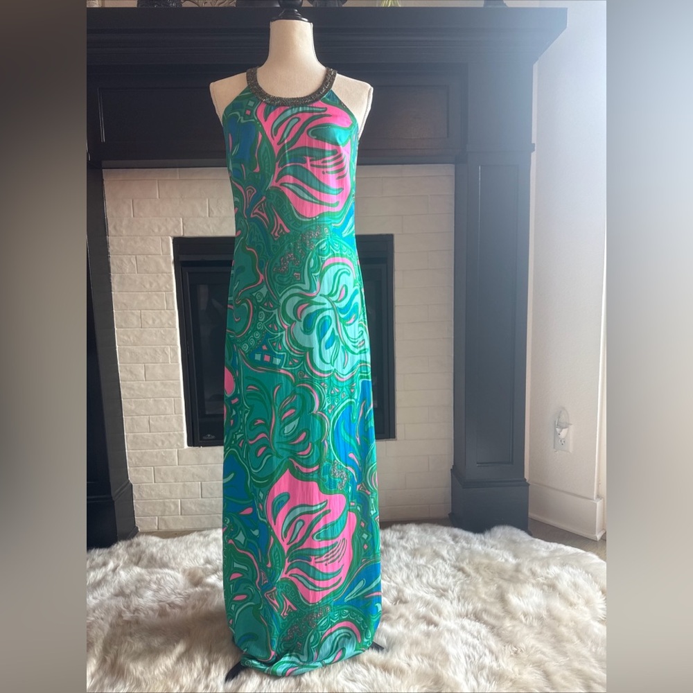 Lilly Pulitzer Green and Pink Patterned Maxi Dress